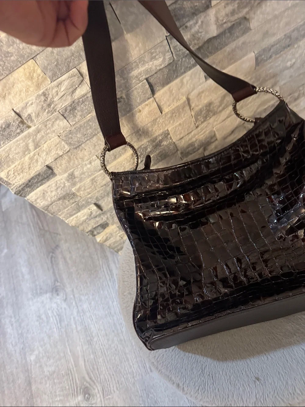 Brighton Cher coll. Leather shoulhWomen's Croc-Embossed Dark Brown Shoulder Bag